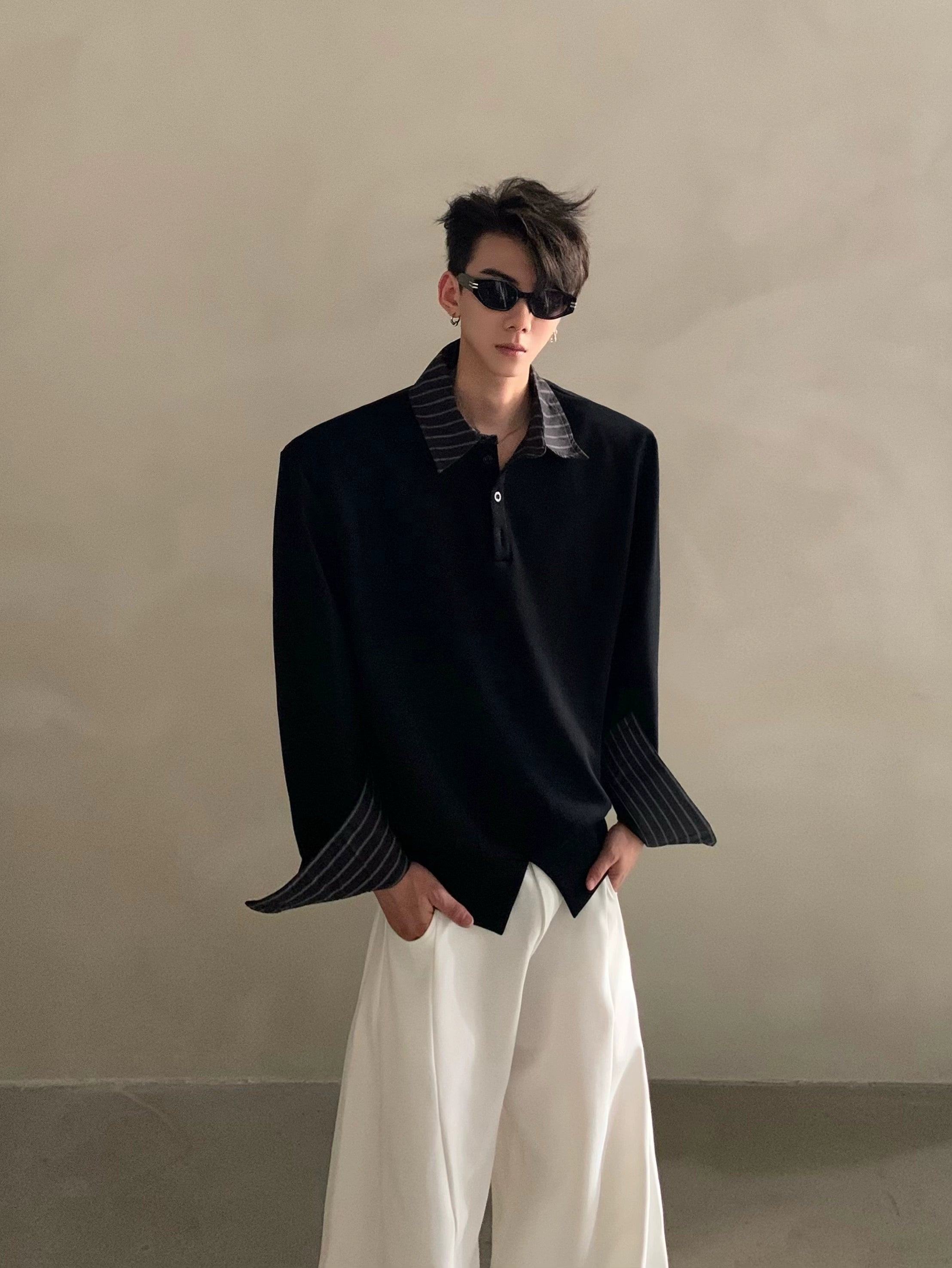 Niche light luxury high-end sense fake two-piece splicing design sense ruffian handsome casual Polo shirt men's trend