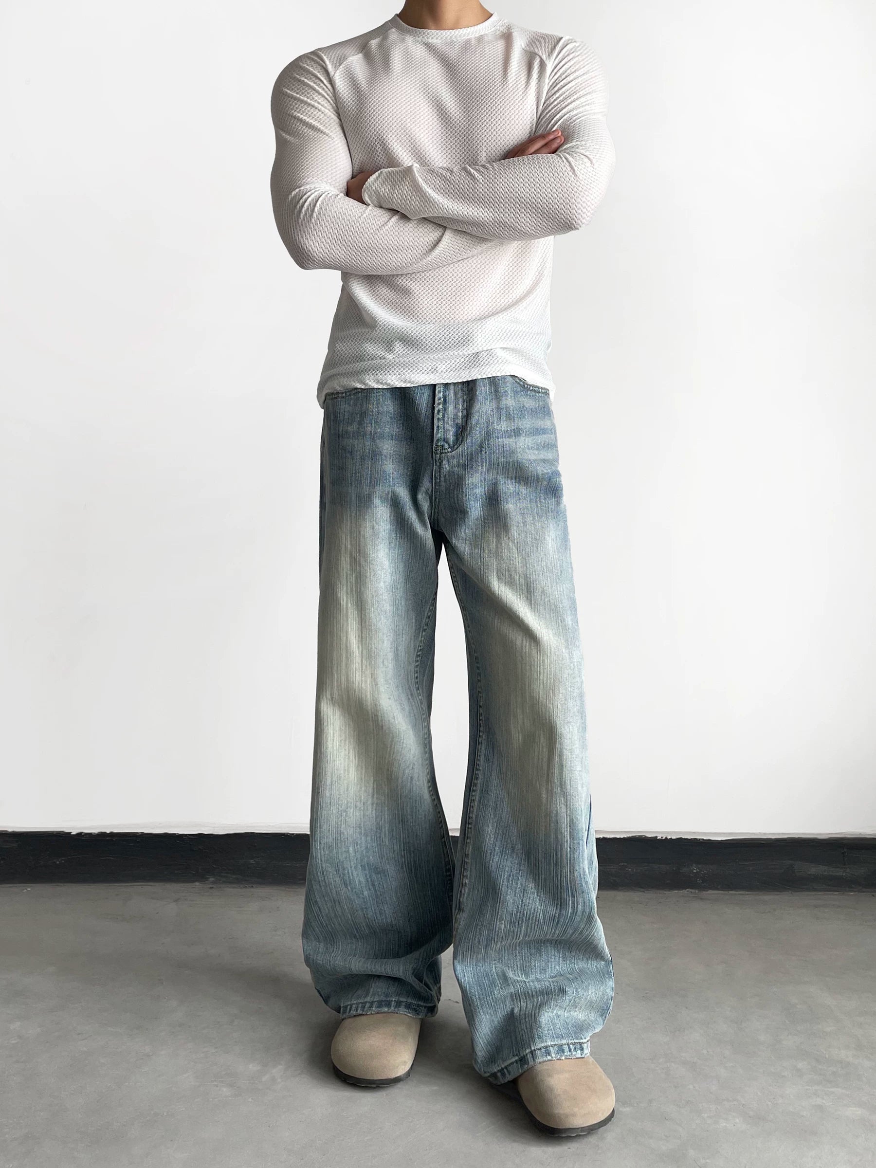 Bamboo pattern washed classyjeansmen american casuala-line silhouette straight-legpants sinclub6849