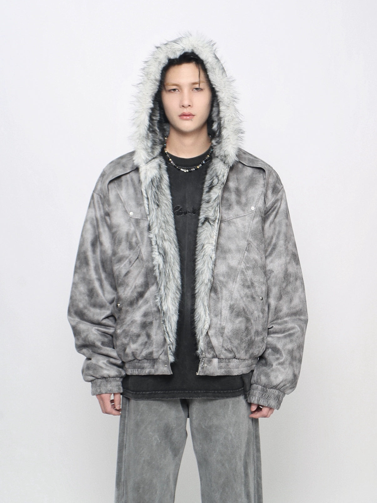 Heavy design high street dirty dye do old mountain carving cotton clothes men's American niche fur collar hooded loose coat