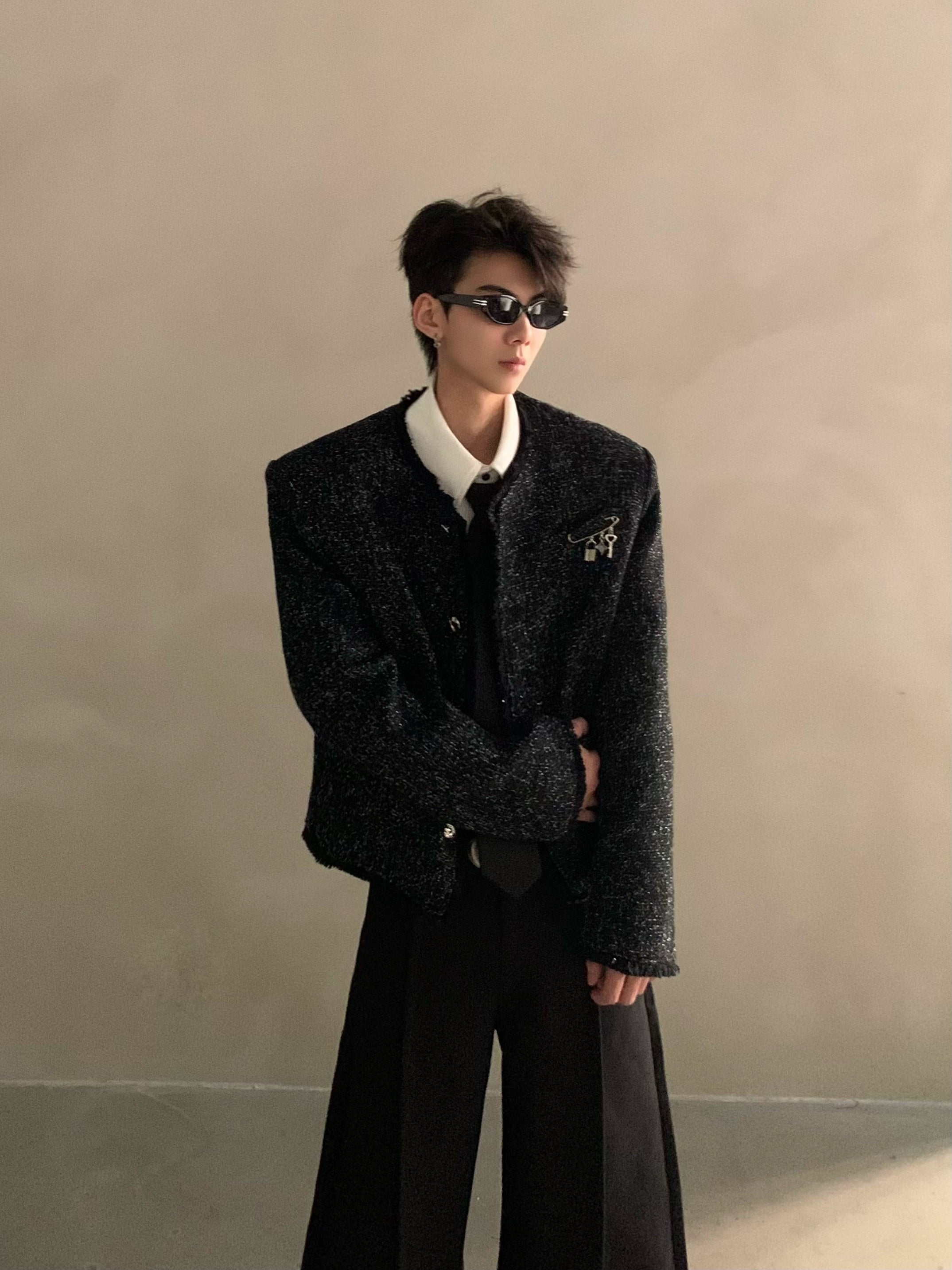 Autumn and winter niche light luxury extravagant fringed small fragrant jacket men's high-end short shoulder padded jacket