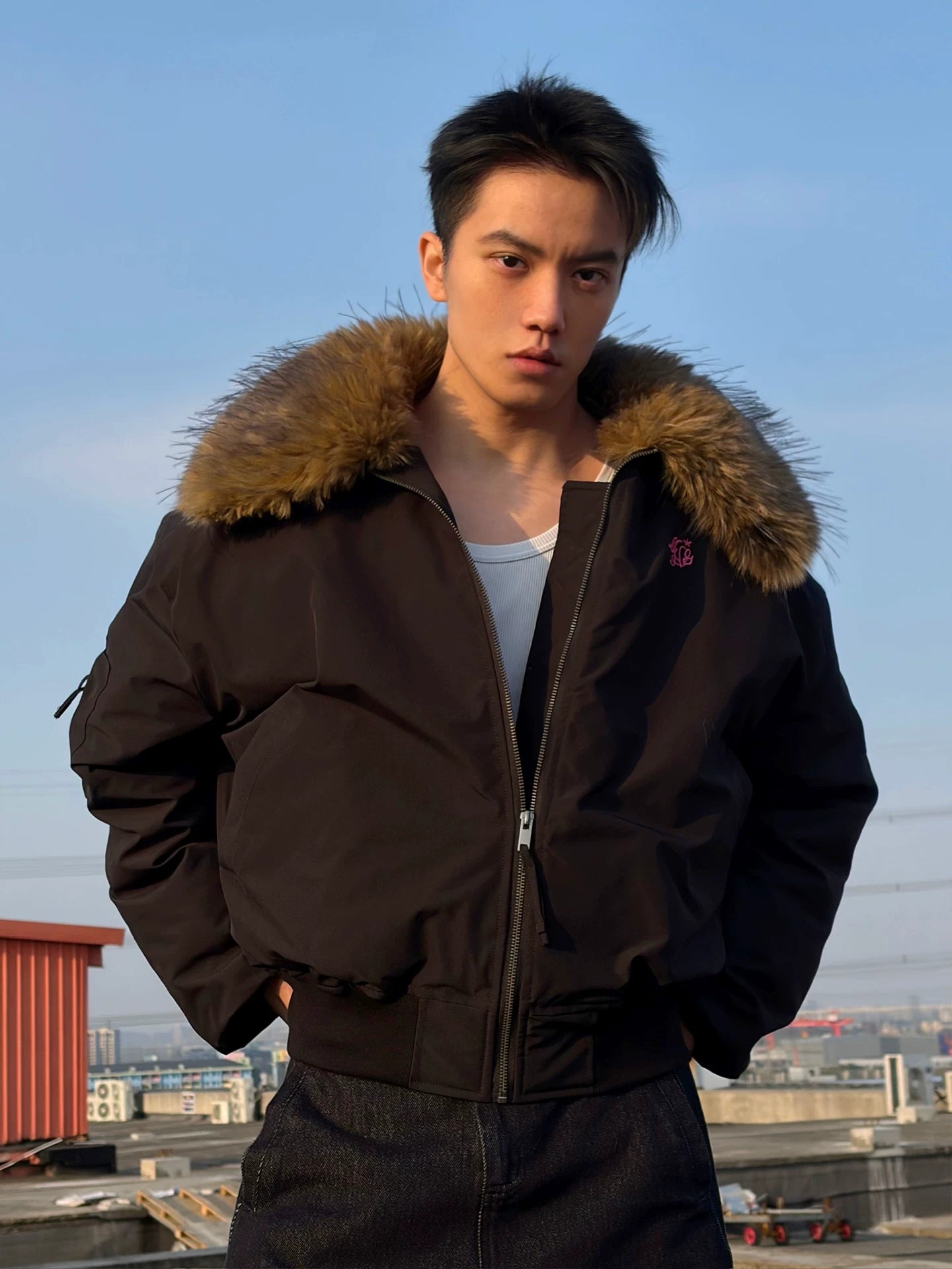 American retrocleanfitembroider imitation raccoon detachable fur collar heattechloose cotton jacket  SIN0872