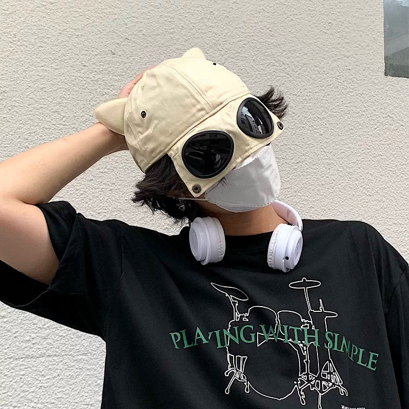 Street hip-hop aviator sunglasses baseball cap with cute cat ears - oversized/big head friendly, reversible duckbill cap
