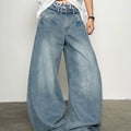 Classic Versatile Old Wash Water Bamboo Pattern Burr Edge Scimitar Jeans Loose Wide Leg Pants