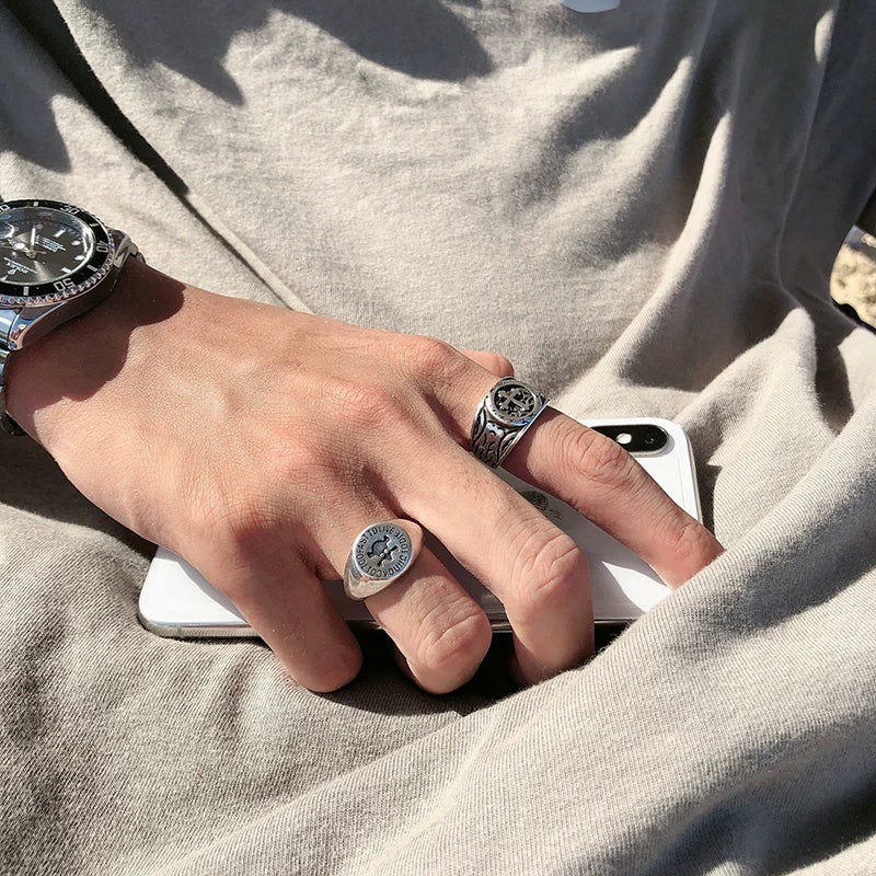 Cross skull ring for men - trendy, edgy, and minimalist. finger ring with adjustable open band  SIN077