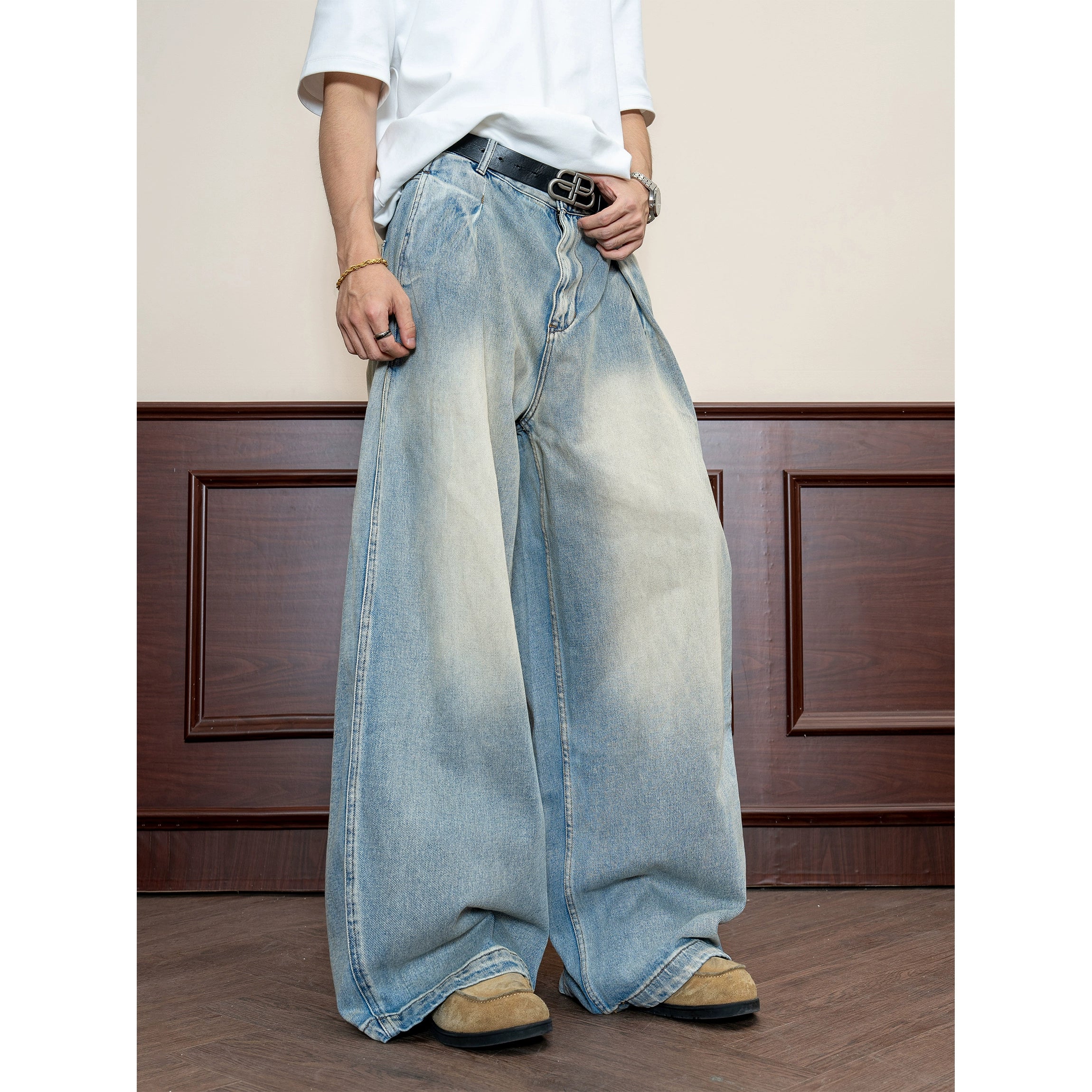 Retro street washed old pleated jeans men's spring and autumn versatile cotton wide-leg pants