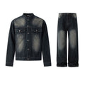 Ruffian handsome retro stand-up collar denim jacket men's spring and autumn loose wide-leg jeans Korean fashion suit