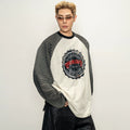 Vintage distressed striped raglan sleeve long sleeve printed t-shirt - spring loose fit casual crew neck top