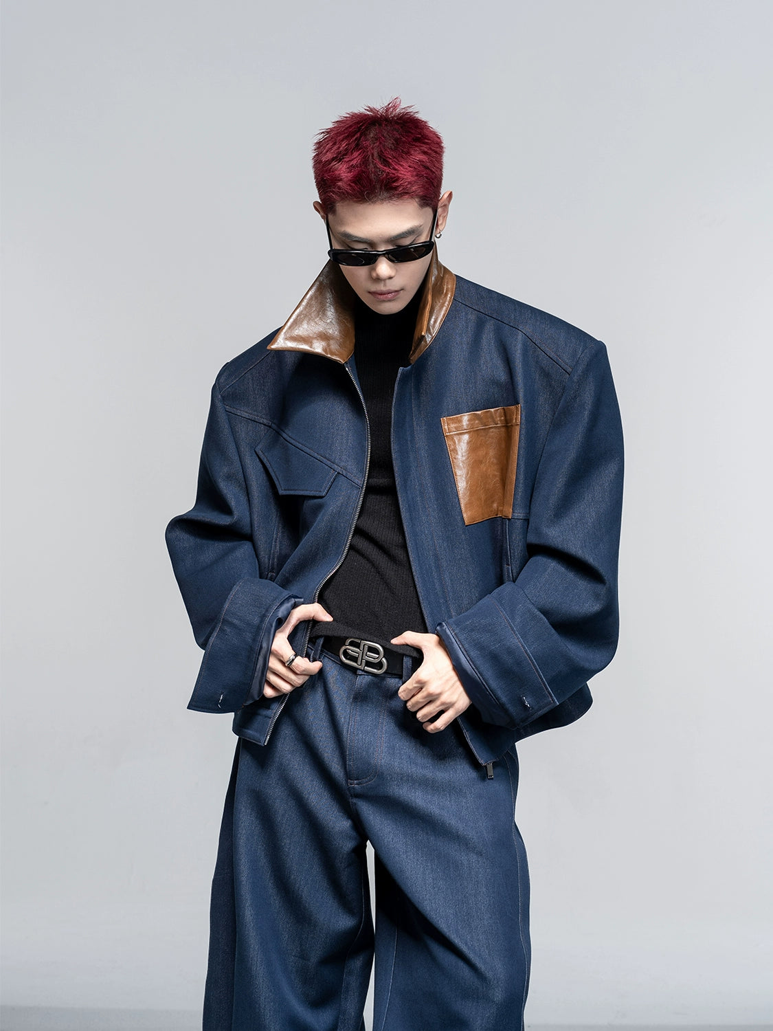 Leather shoulder pads American short jacket jacket men's deconstruction loose scimitar pants casual suit