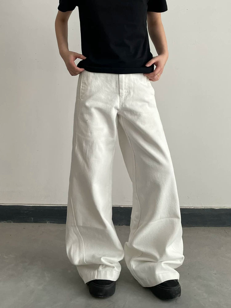 American deconstructed patchwork white denim jeans, trendy streetwear, wide-leg, loose fit, straight leg, versatile casual pants sinclub3461