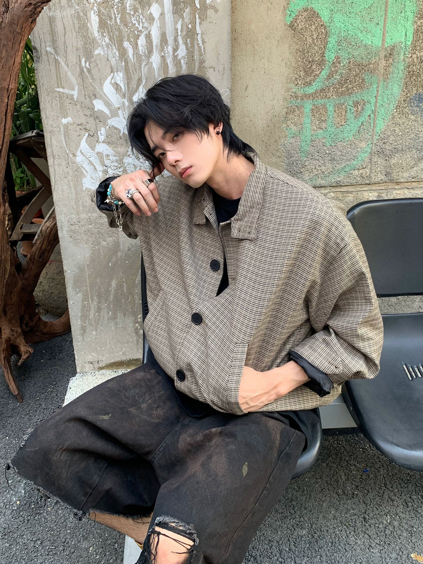 New houndstooth jacket for men - spring/autumn american style, trendy retro, heavyweight, boxy fit, premium feel  SIN070