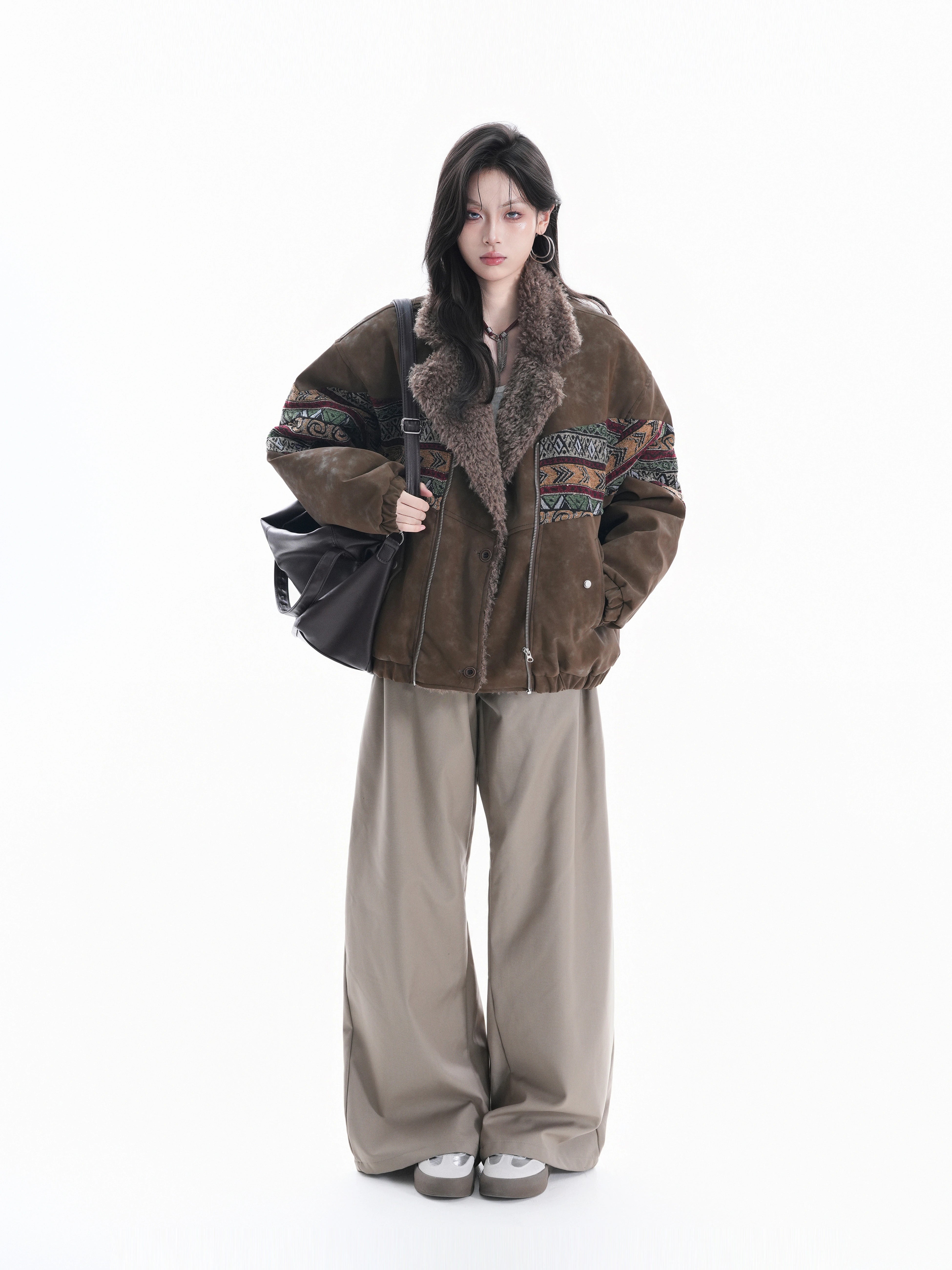 Vintage ethnic style embroidered fur integrated lapel cotton jacket women's winter imitation suede jacket