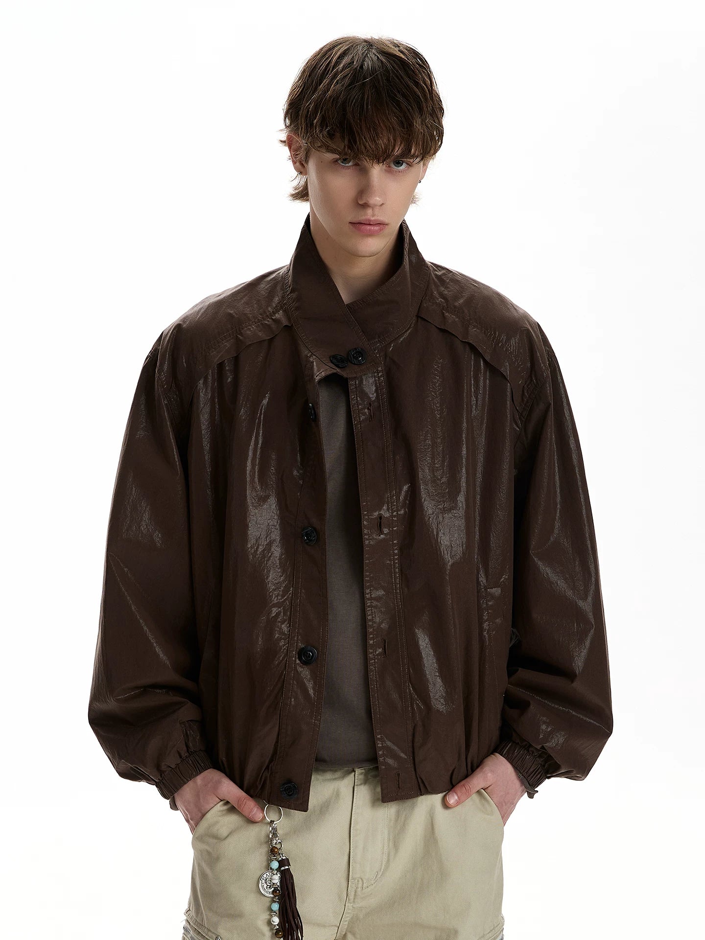 Glossy leather jacket men's short versatile stand-up collar jacket WY048