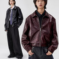 Court embossed silhouette PU leather short jacket men's lapel locomotive leather jacket autumn new