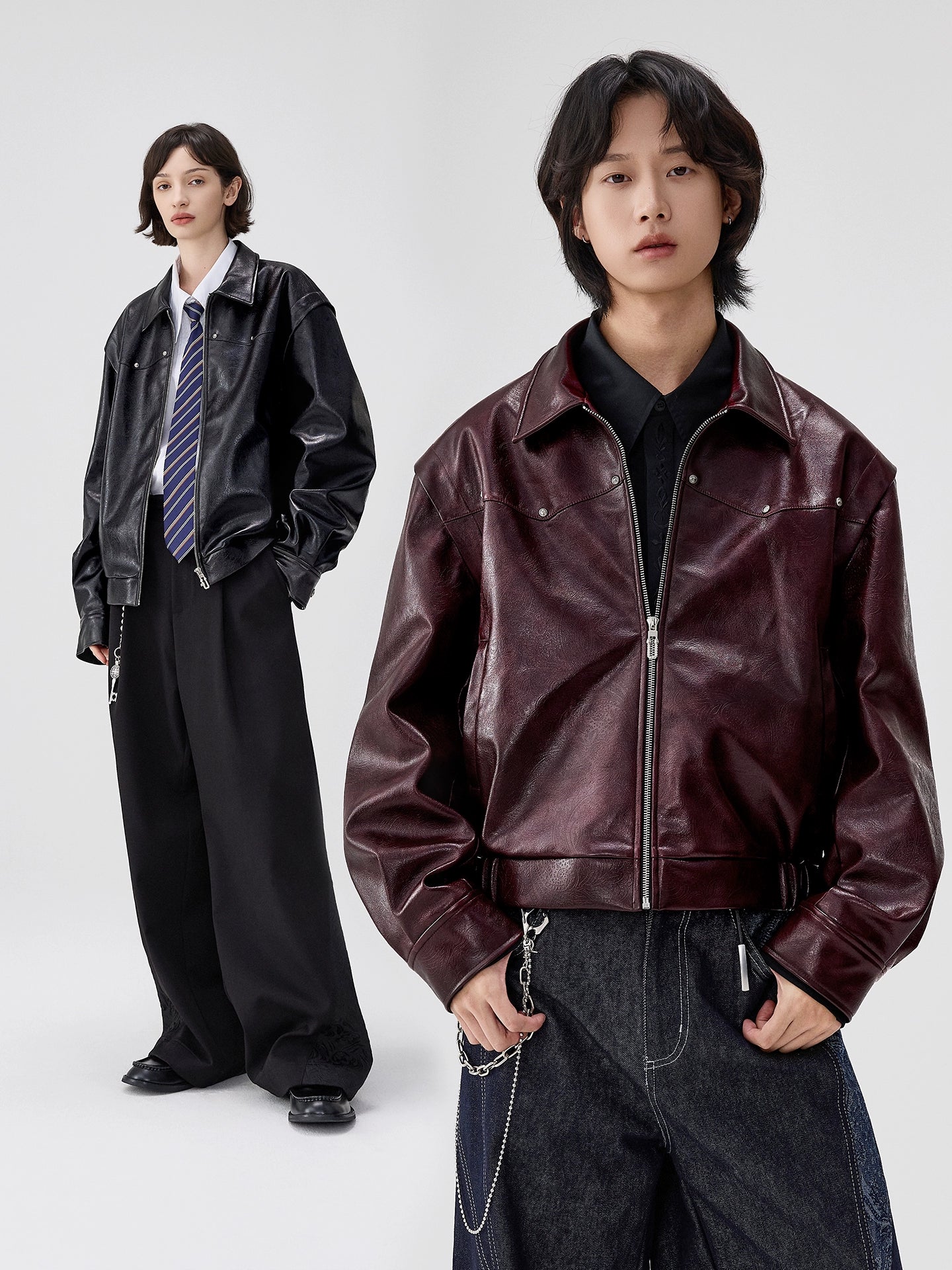 Court embossed silhouette PU leather short jacket men's lapel locomotive leather jacket autumn new