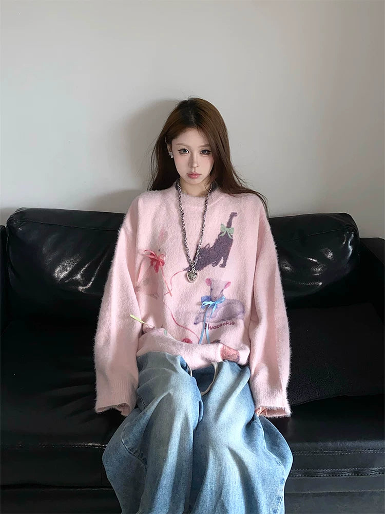 Fall and winter sweet and cool atmosphere imitation mink wool round neck pulloversweater women's looseknittingtops  XX5