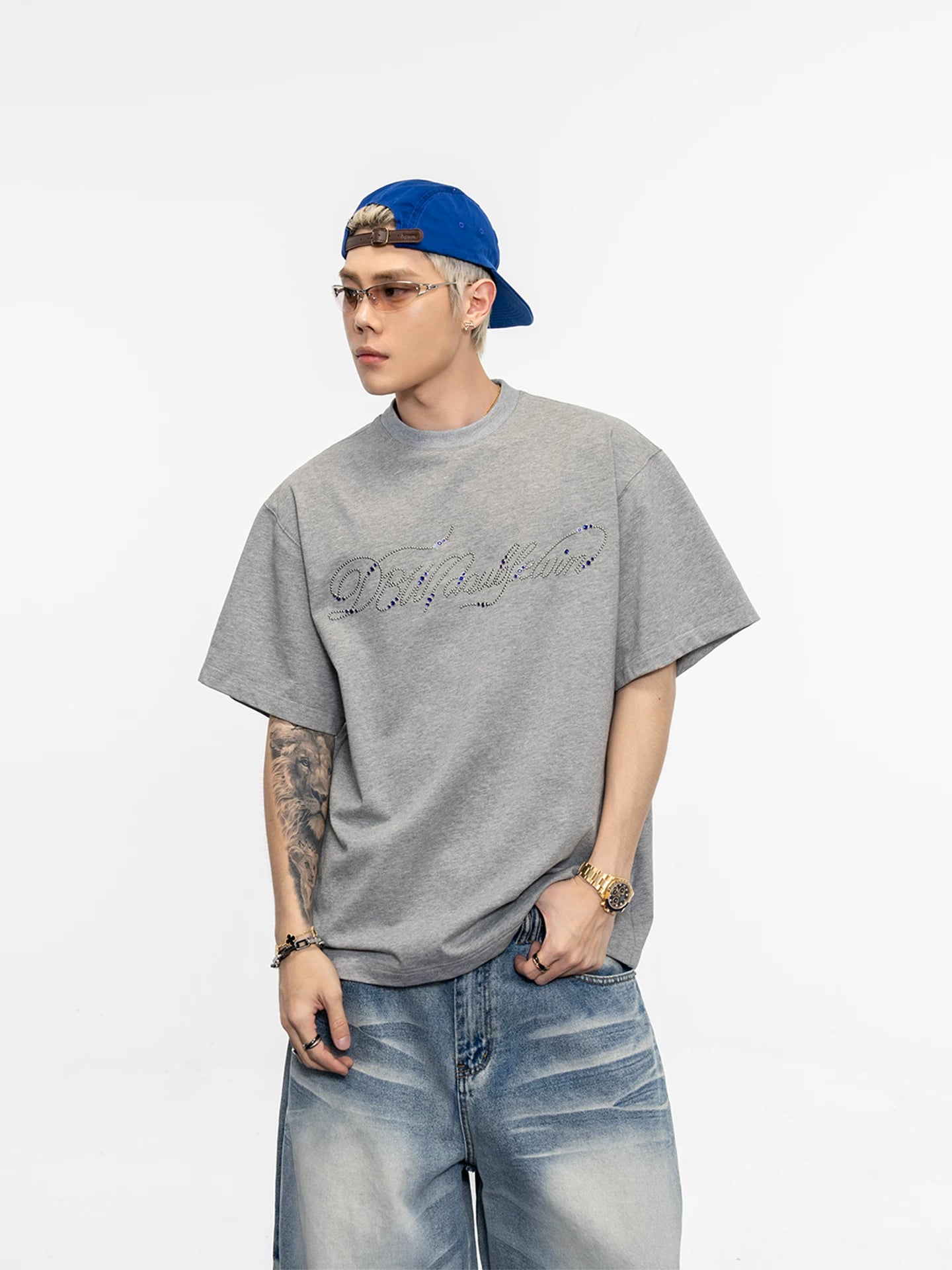 Heavy industry handwritten font hot diamond pure cotton wide short sleeve t-shirt summerlooseeasiest for matchtops men sinclub7060