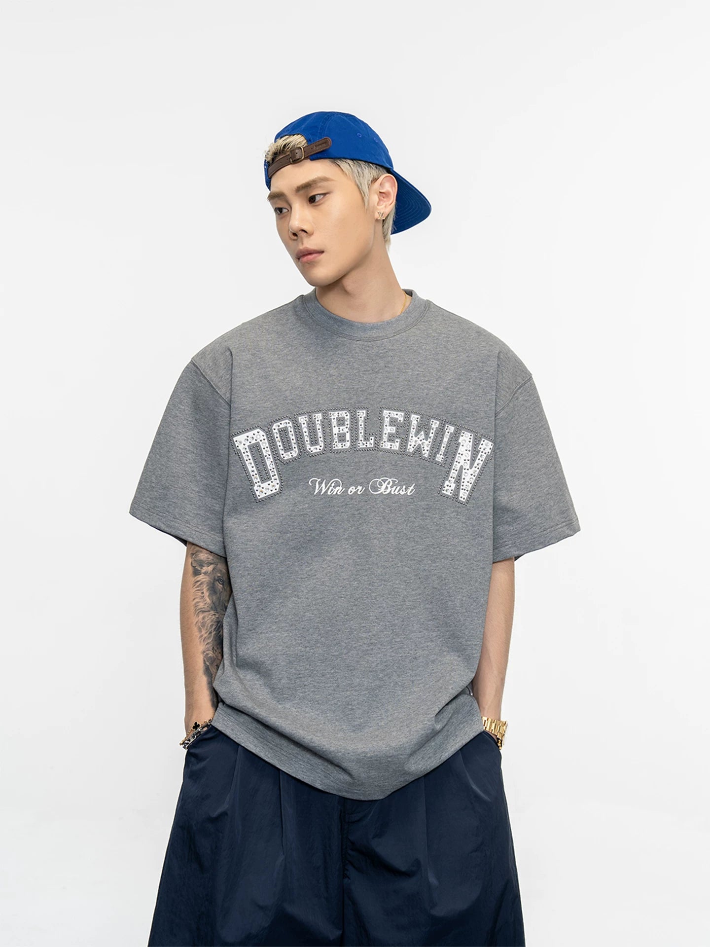 Three-dimensional double-layer hot diamond pure cotton short-sleeved t-shirt heavy weightloose round neck casual drop shouldertops for men sinclub8056