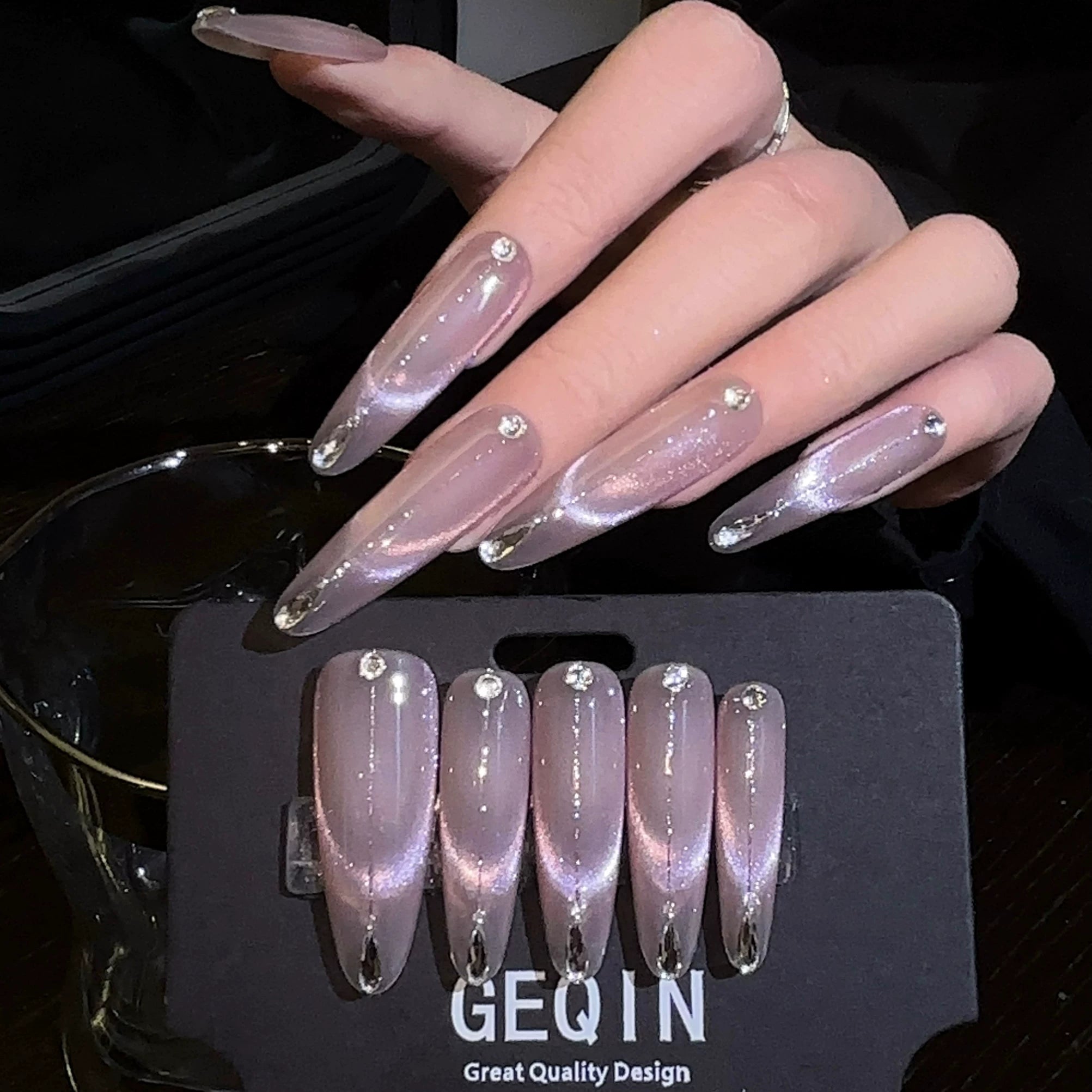 Moonlight Purple French Cat Eye Press-On Nails with Rhinestones – Opaque, Handmade Luxury Nails