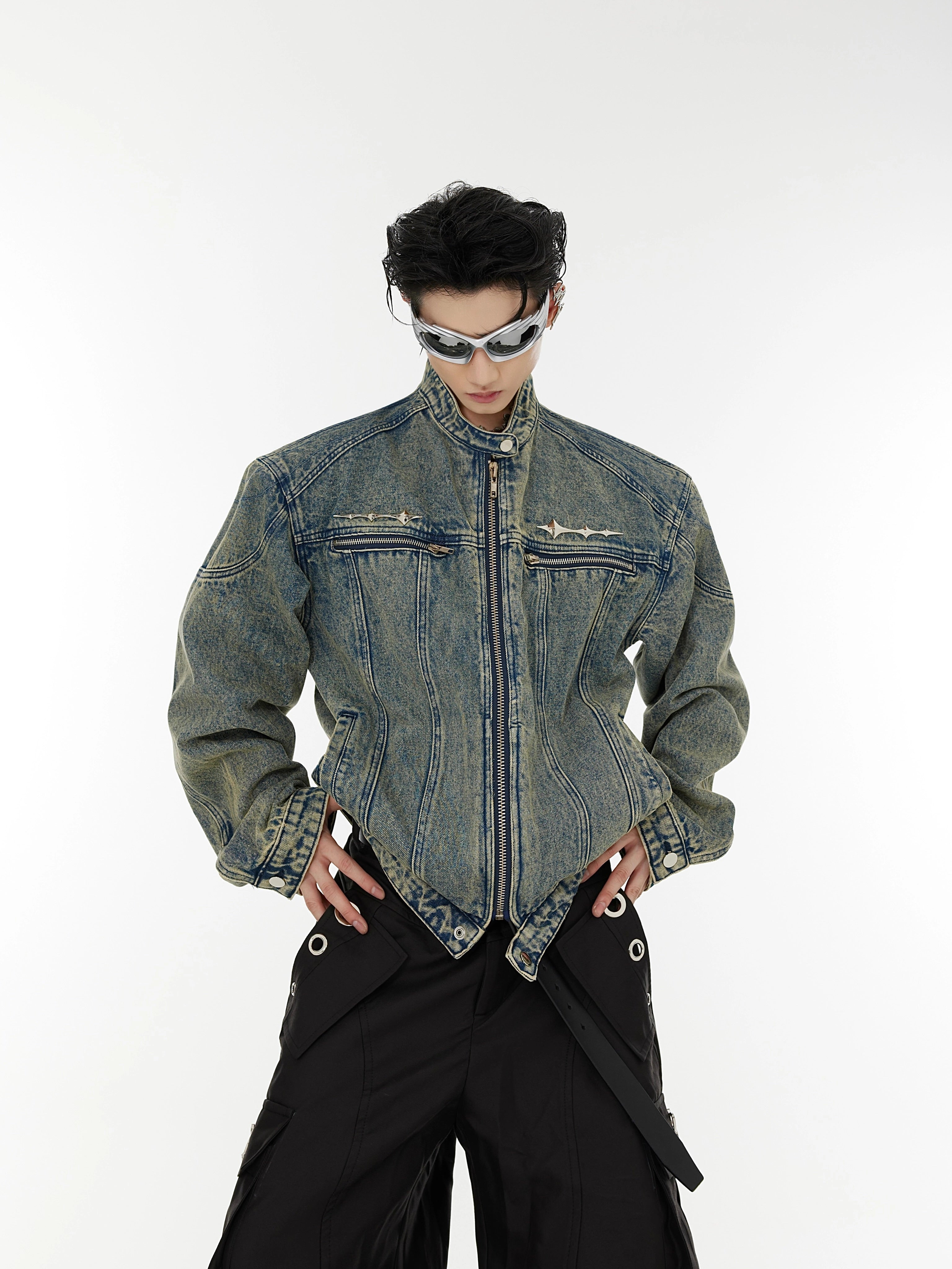 Retro washed shoulder pads short denim jacket metal design collarless jacket men