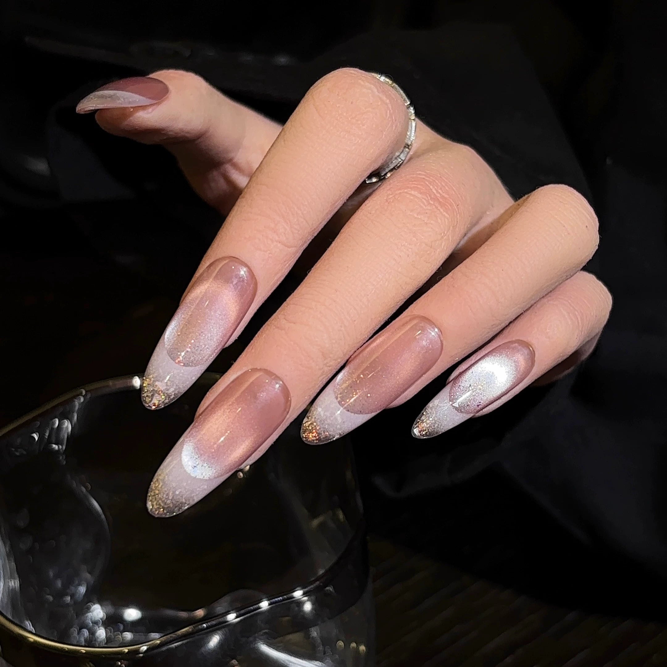 Sand-Pink Glass Bead Cat-Eye Shimmering Reverse French Ombre 100% Handcrafted Press-On Nails