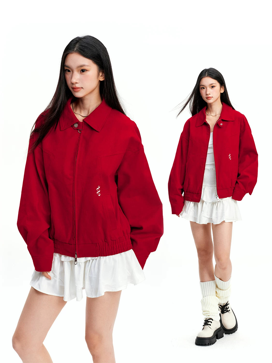 Red harrington jacket - unisex american casual style - couple's outerwear SIN0843