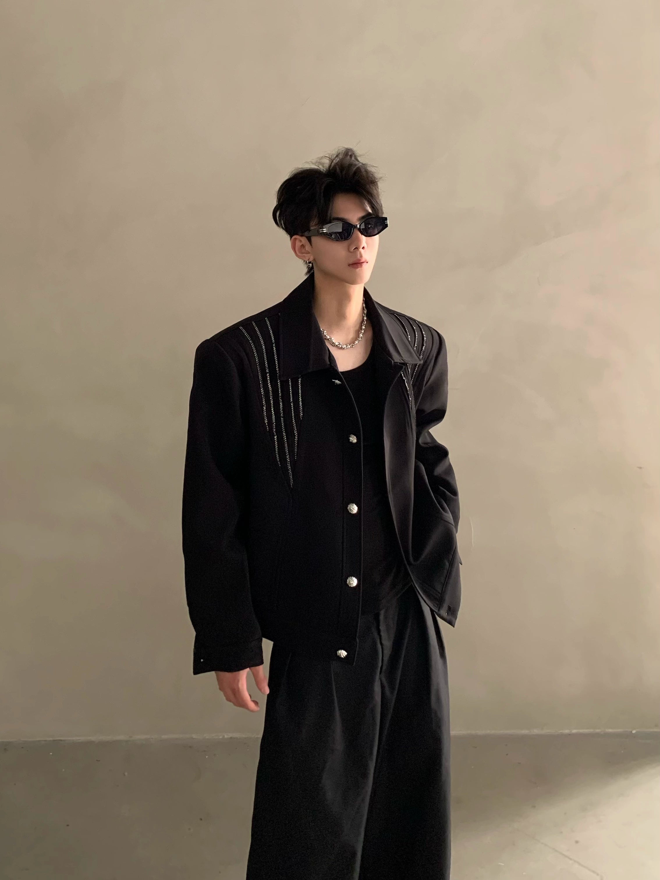 Autumn and winter niche high-end light luxury hot diamond design shoulder padded jacket jacket men's ruffian handsome top tide