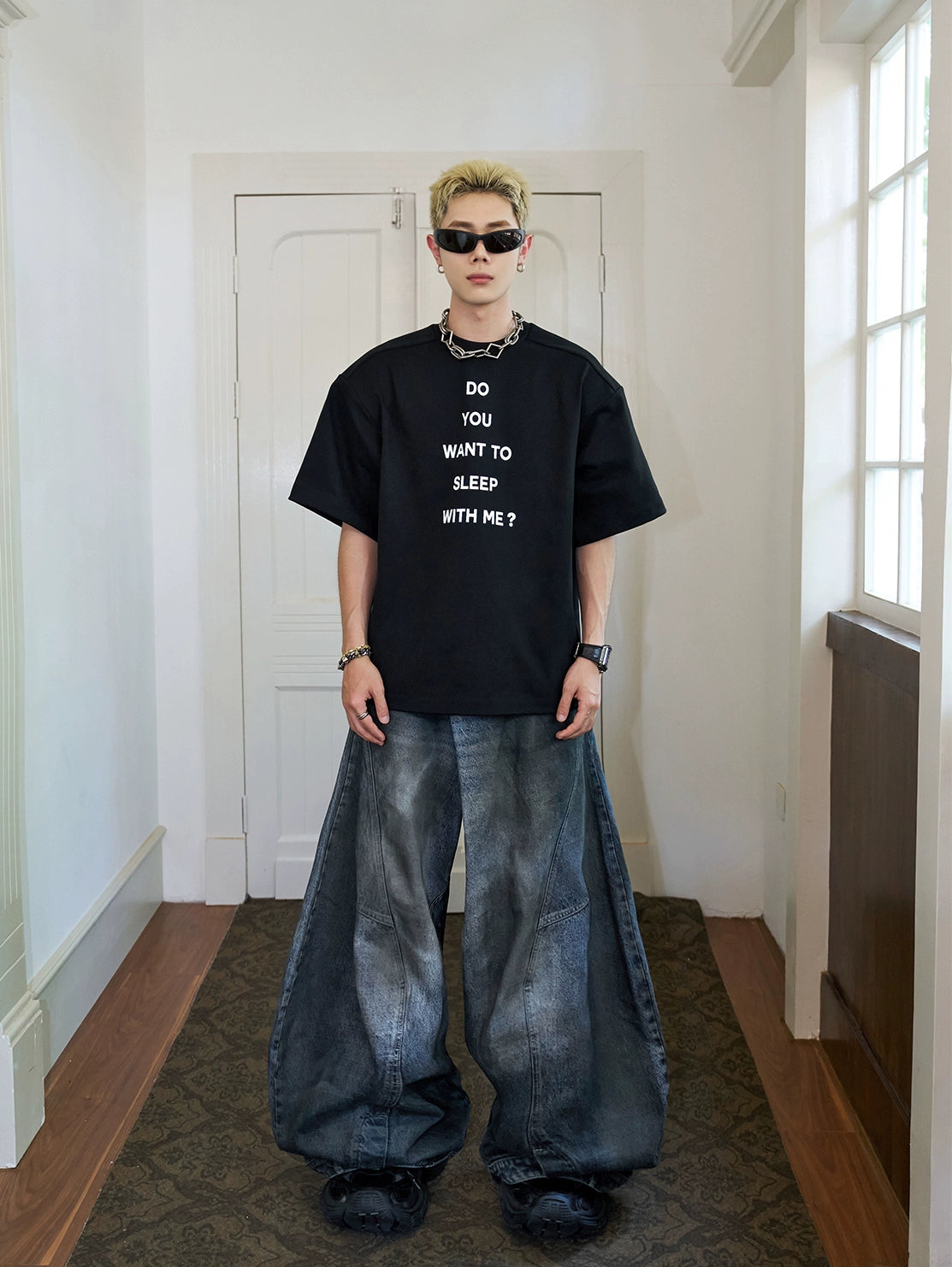 Old polished jeans men's summer street heavy design sense reversed waist wide-leg pants