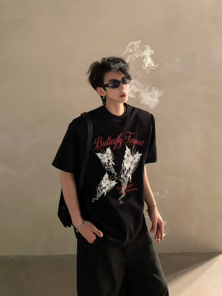 Summer niche high-end butterfly printing heavy shoulder pads short-sleeved T-shirt men's half-sleeved top tide