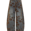American high street retro washed plum blossom embroider scimitar jeans hiphop wide leg loosepants men  SIN084