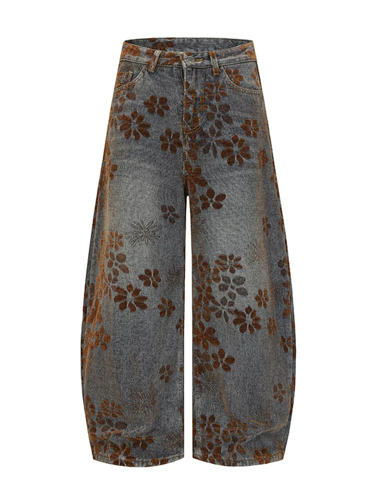 American high street retro washed plum blossom embroider scimitar jeans hiphop wide leg loosepants men  SIN084