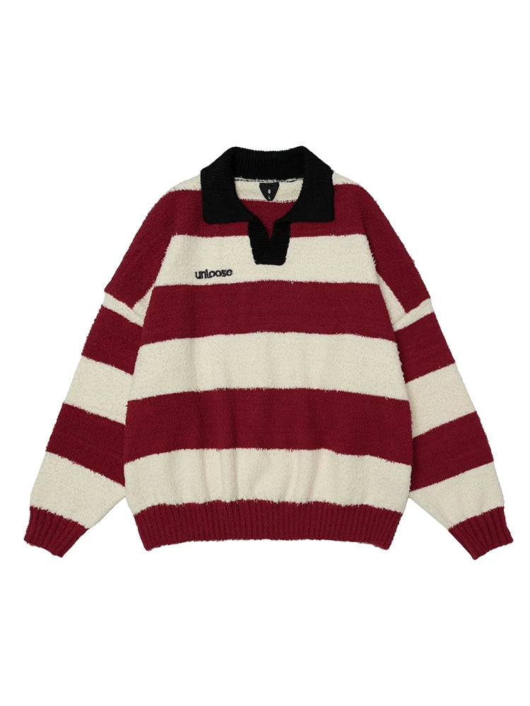 Color block striped knit polo sweater for couples  SIN0847