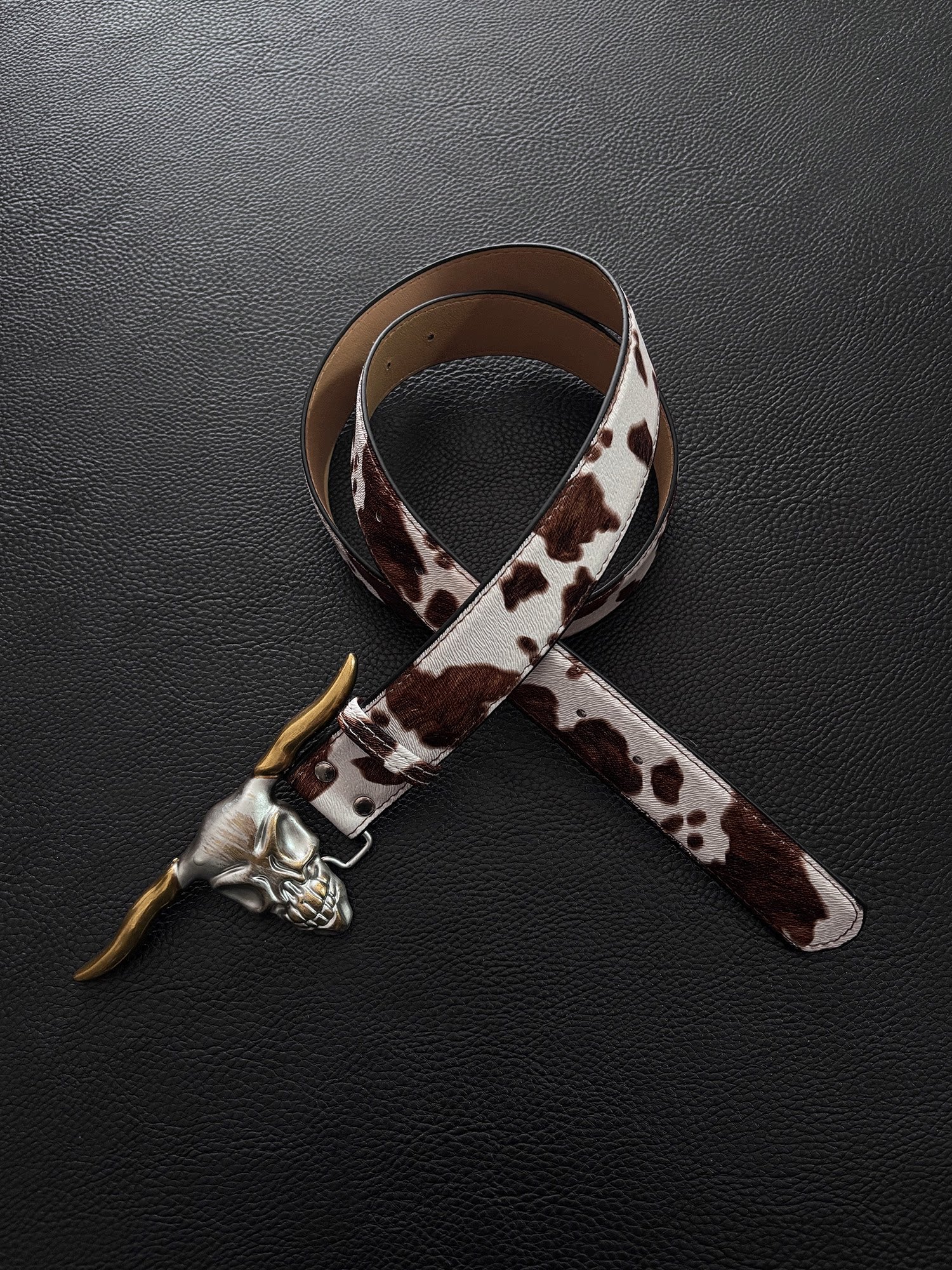 Vintage brown cow print leather belt with metal bull head buckle - versatile belt for men