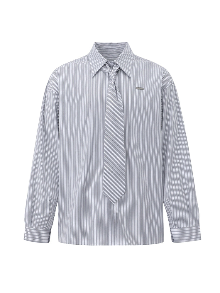 [Free Tie] College Striped Long Sleeve Shirt Men's Spring Loose Casual Shirt Korean Commuter DK Inside