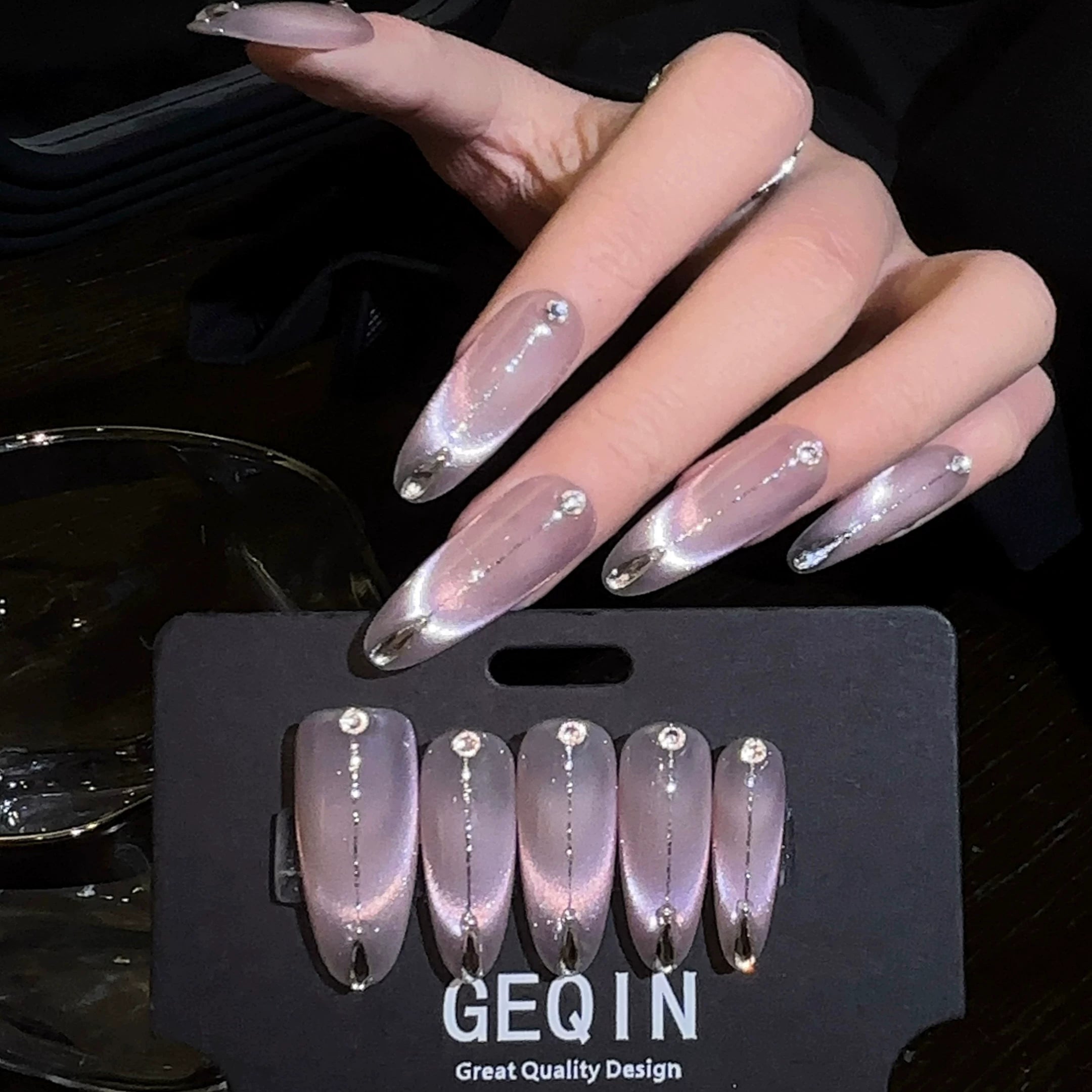 Moonlight Purple French Cat Eye Press-On Nails with Rhinestones – Opaque, Handmade Luxury Nails