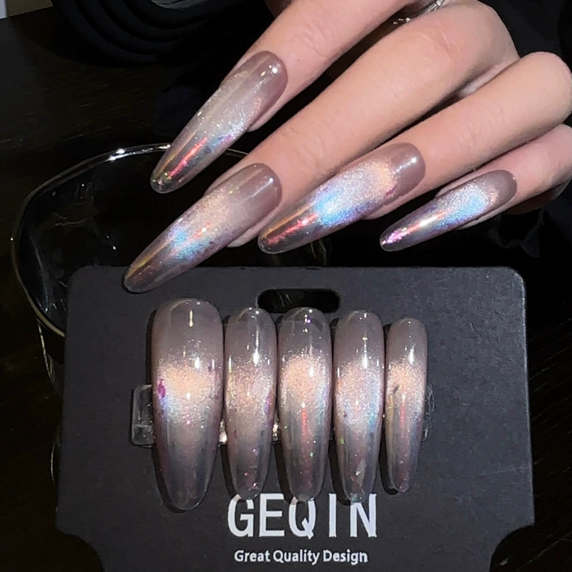 Glossy Aurora Cat Eye Press-On Nails, Dreamy, Iridescent, High-Shine Handmade Nails