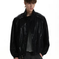Glossy stand-up collar leather jacket boxy single-breasted silhouette short jacket WY045