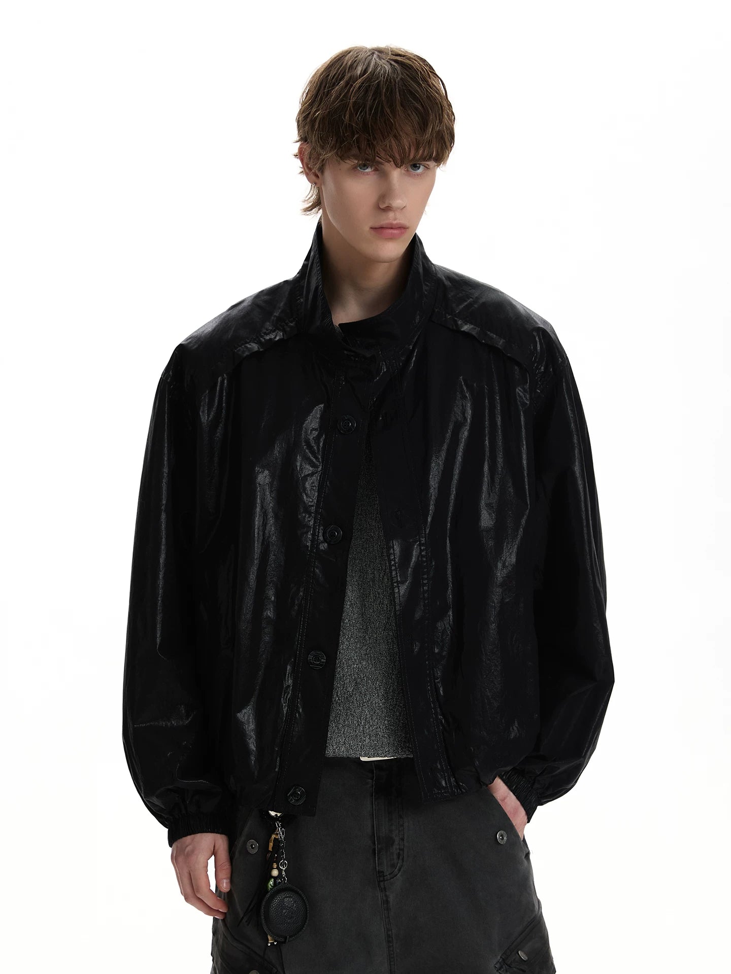 Glossy stand-up collar leather jacket boxy single-breasted silhouette short jacket WY045