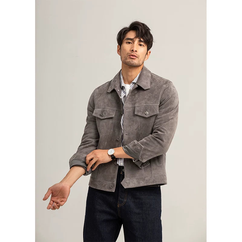 Denim jacket imported velvet texture goat suede leather jacket for men sinclub8160