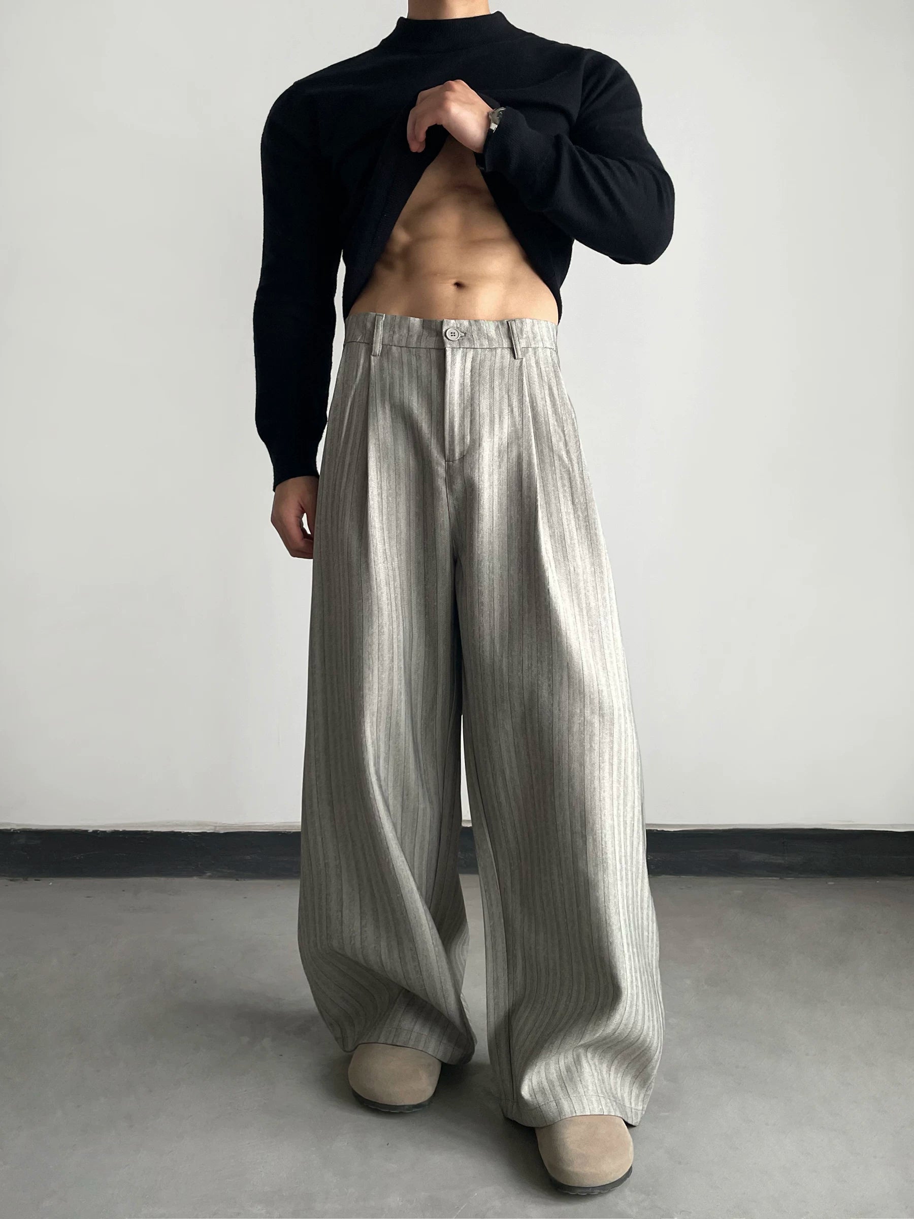 Old money style casualstripes pleated trousers light khaki classyretrowork clothingloosecasual pants sinclub2466