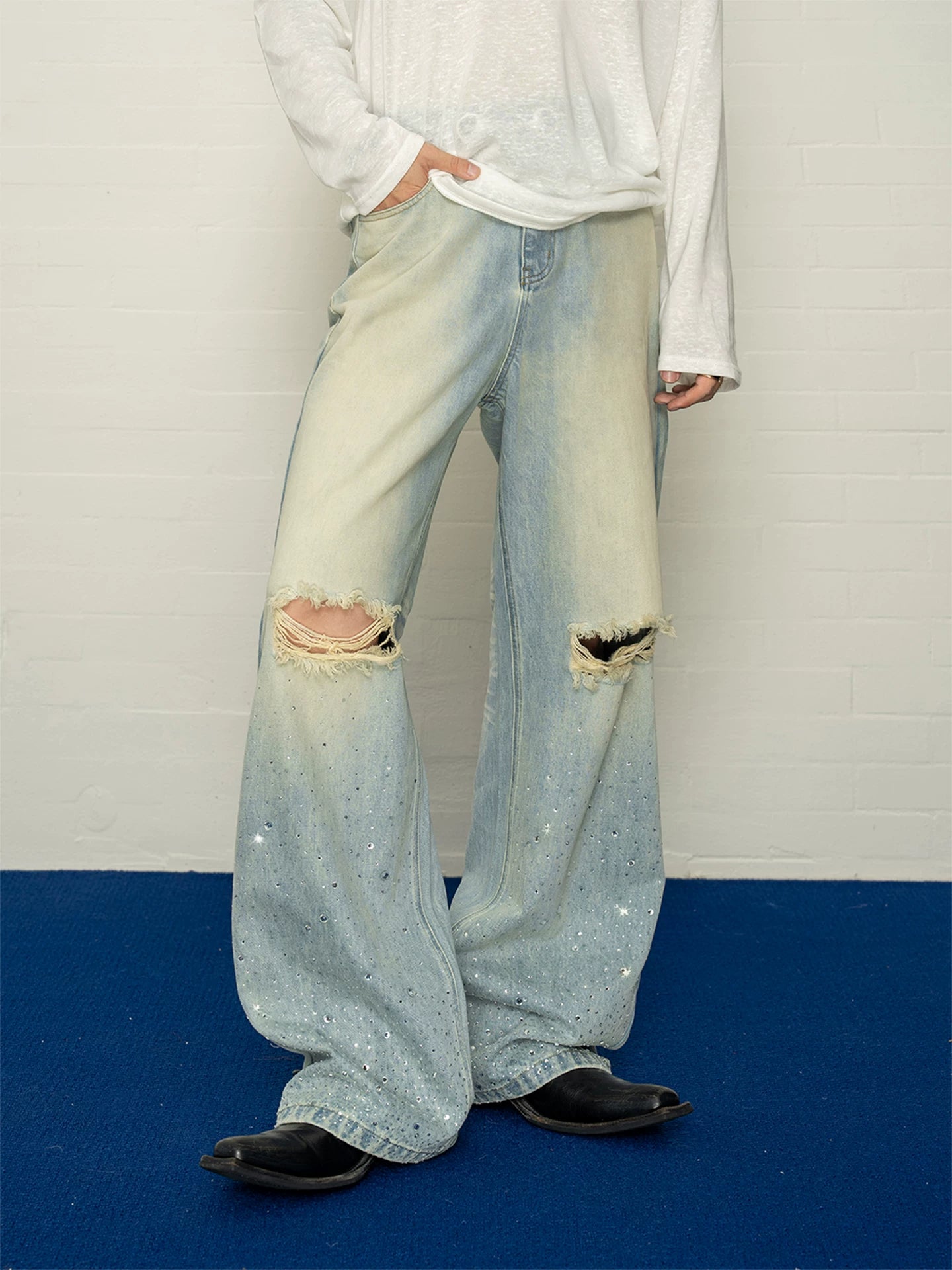 Starry heavy industry hot diamond polished white gradient hole straight-legjeanslooseloose pants for men sinclub5990