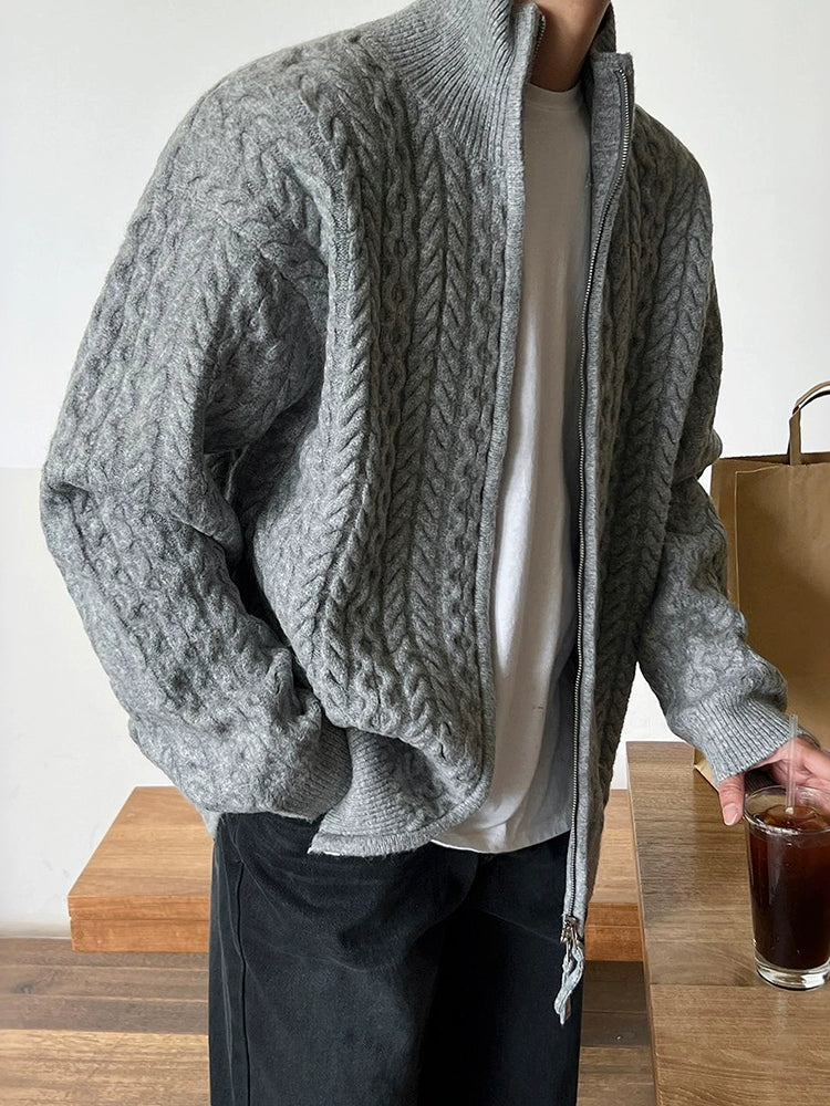 Old money wind semi-turtleneck knitted jacket men's winter loose warm cardigan sweater Korean commuter wear