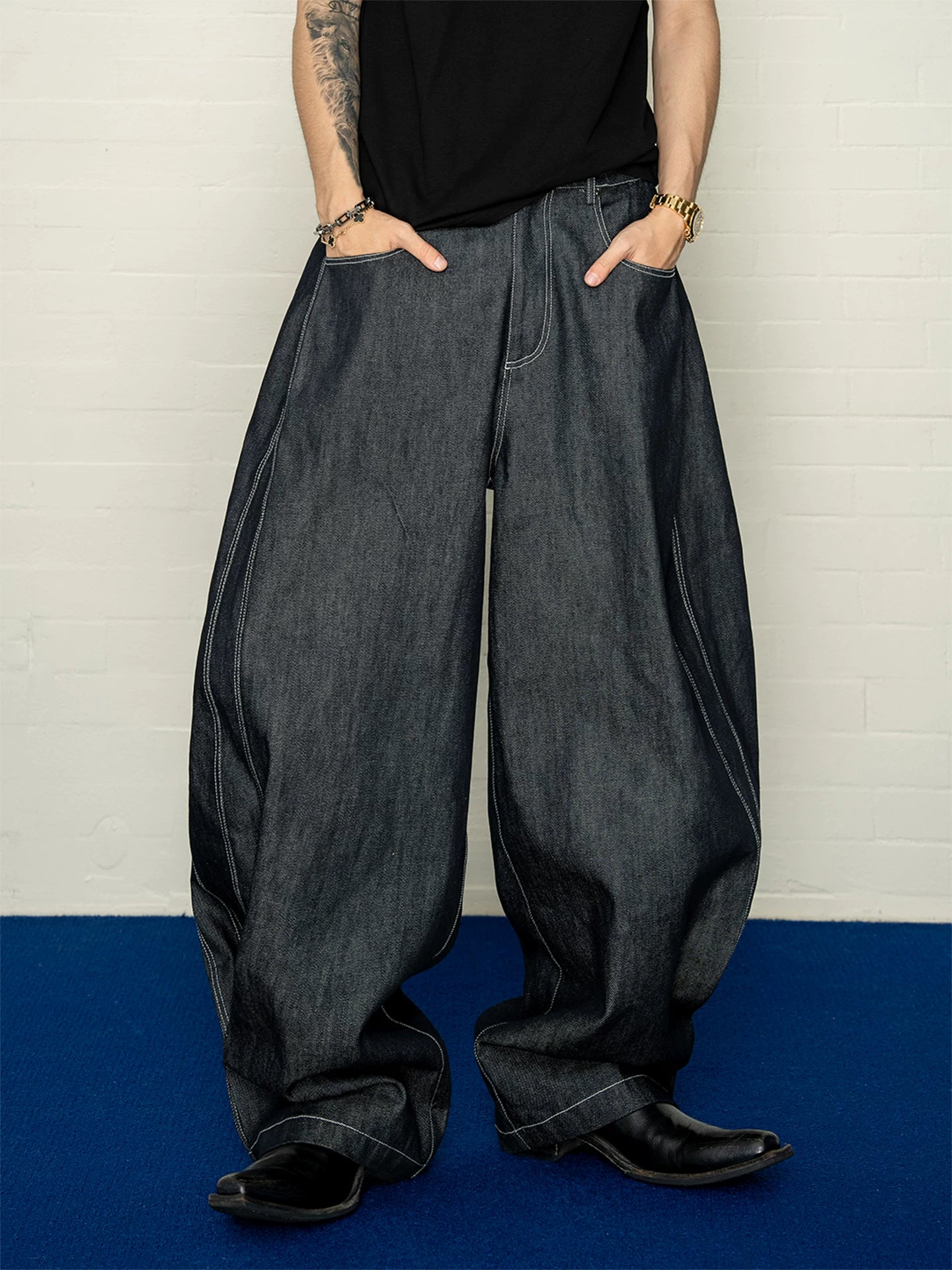 Adjustable side seam snap button raw denim jeans - relaxed fit, versatile wide leg trousers for men sinclub3980