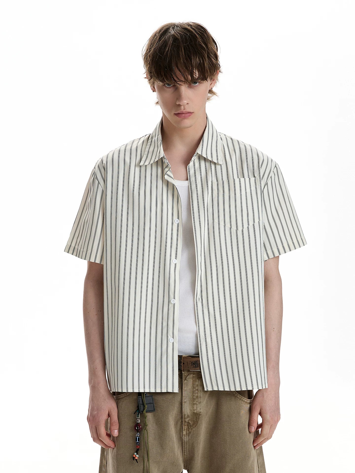 Striped short-sleeved shirt men's loose commuter top WY052