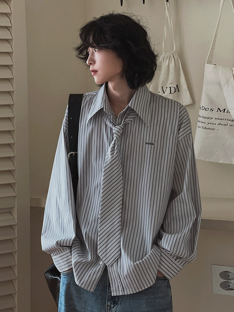 [Free Tie] College Striped Long Sleeve Shirt Men's Spring Loose Casual Shirt Korean Commuter DK Inside