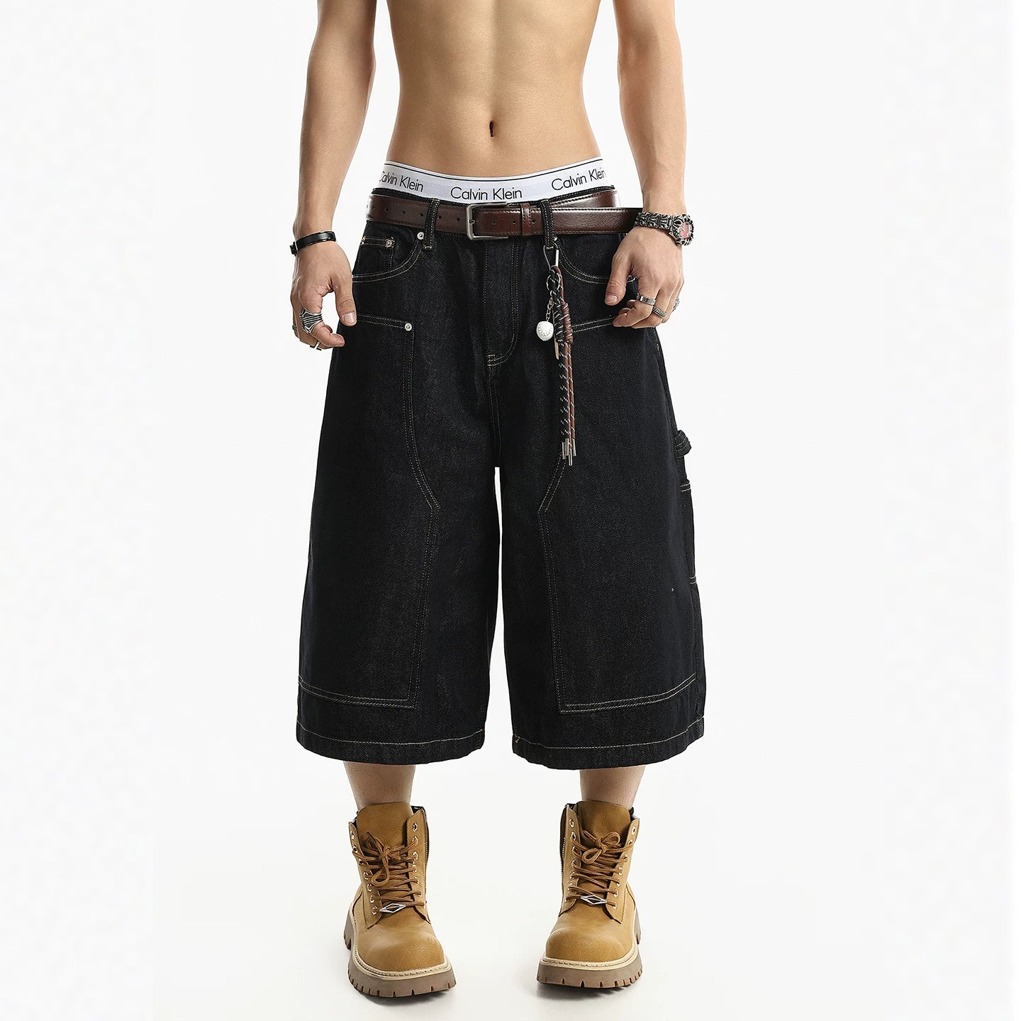 American high street retro washed pure colortrendyeasiest for matchloose wide leg denim cropped pants men summer sinclub1168