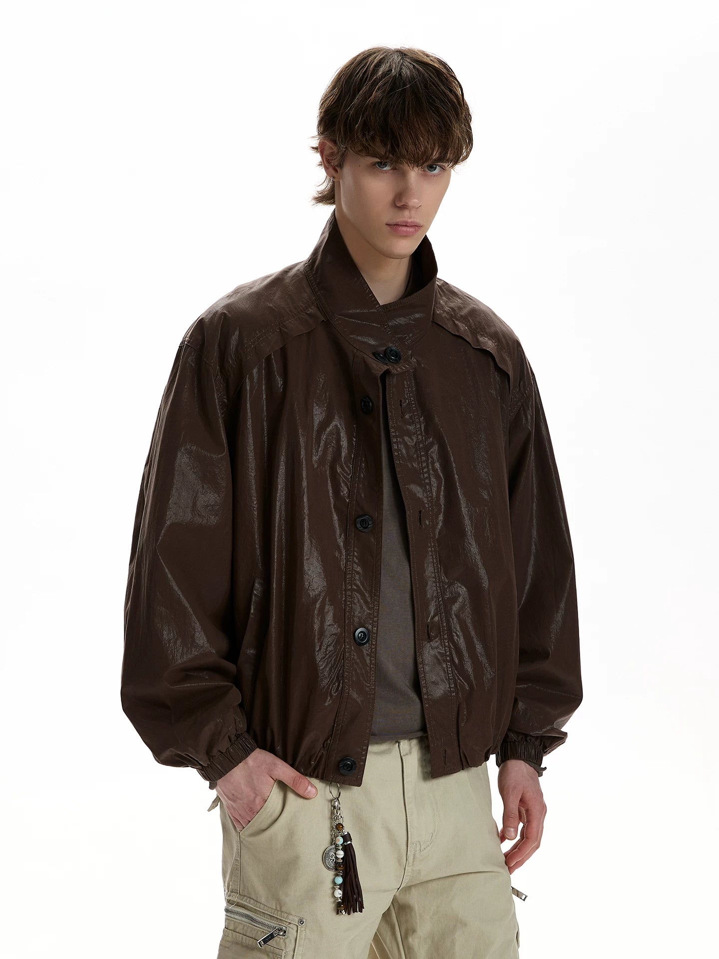 Glossy leather jacket men's short versatile stand-up collar jacket WY048