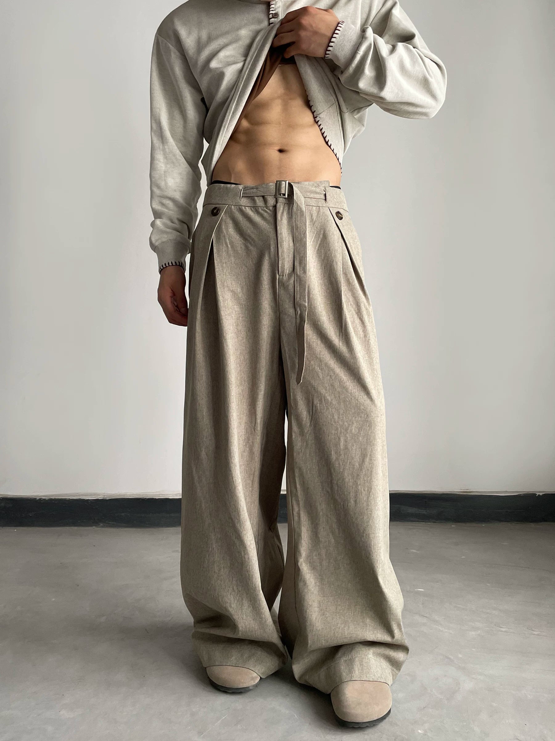 Old money style retro pleated casual pants for men and women loose wide leg earth color easiest for matchstraight-legpants sinclub7136