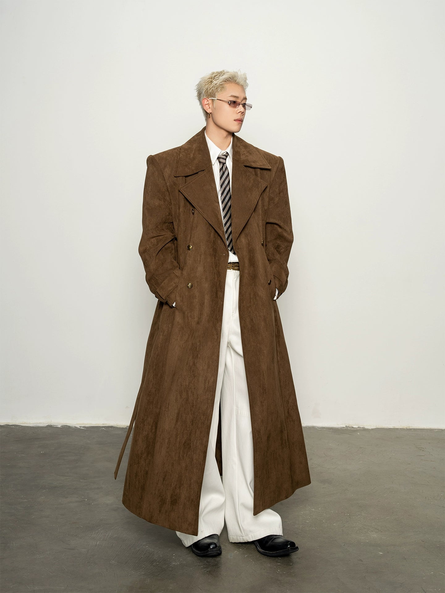 DBWDoublewin复古棕色麂皮直角宽肩长款气场大衣高级挺阔风衣外套