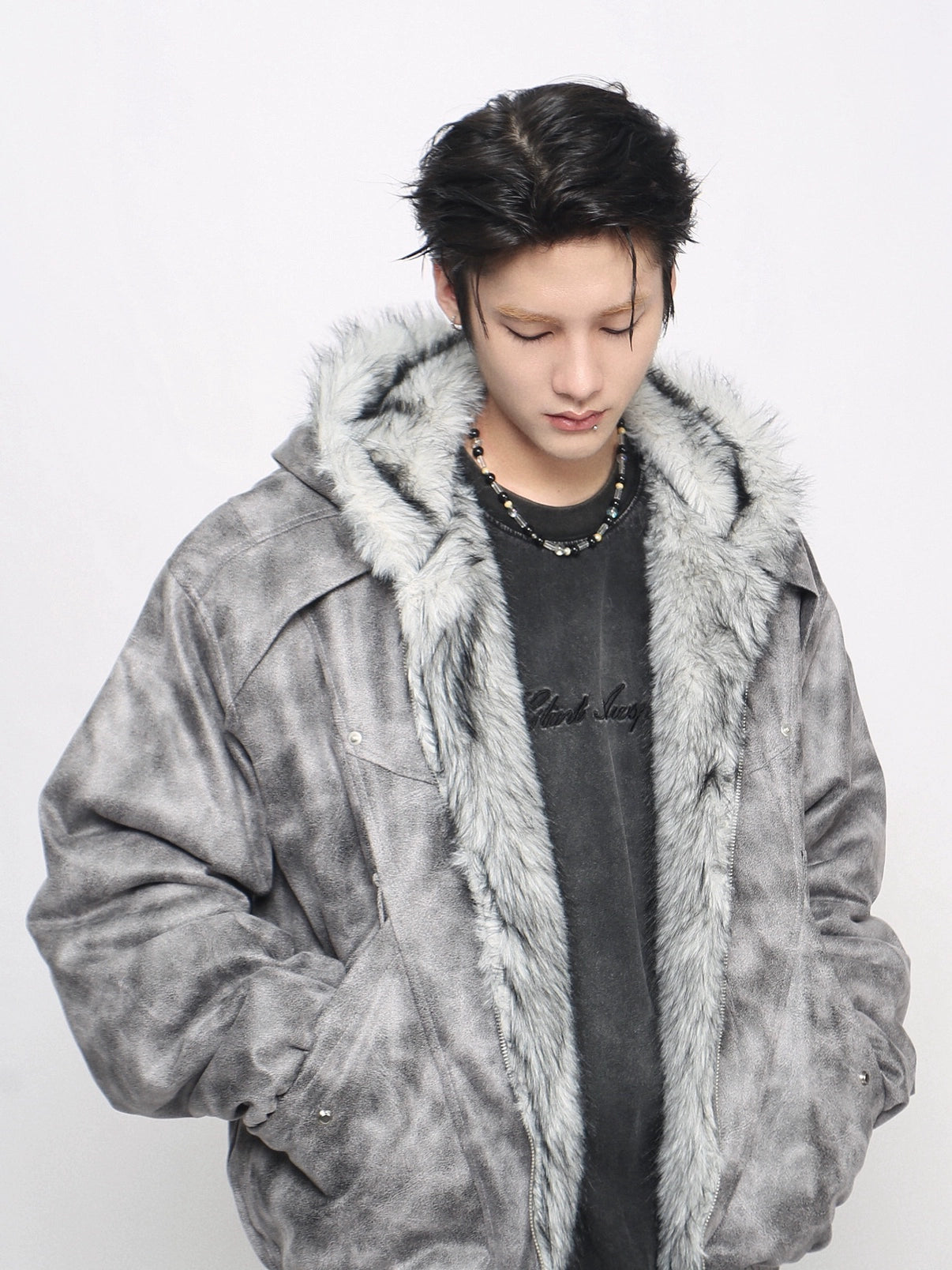 Heavy design high street dirty dye do old mountain carving cotton clothes men's American niche fur collar hooded loose coat