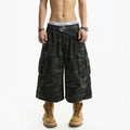 American high street retro washed camouflage loose wide leg workwear paratrooper denim cropped pants men's summer  sinclub4962